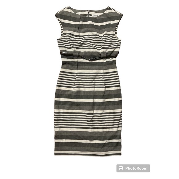 Calvin Klein Grey Striped Sleeveless Belted Dress Size 4 - Picture 1 of 5
